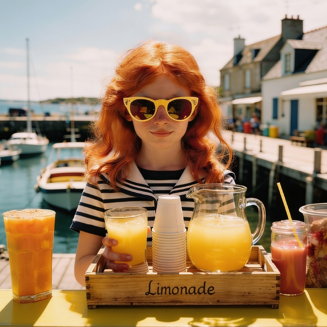 Morgan enfant en marinière derrière un standde limonade