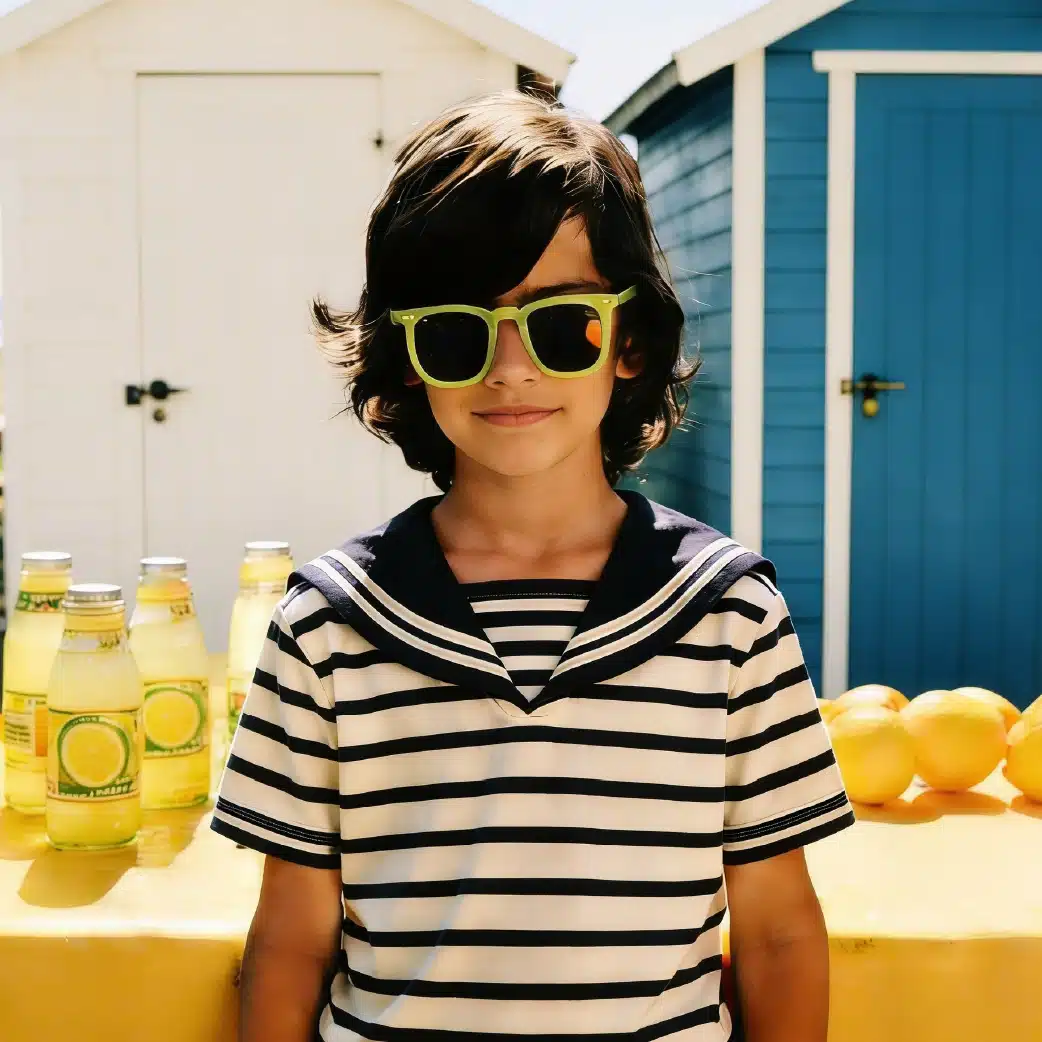 Sabri enfant en marinière sur un stand de limonade